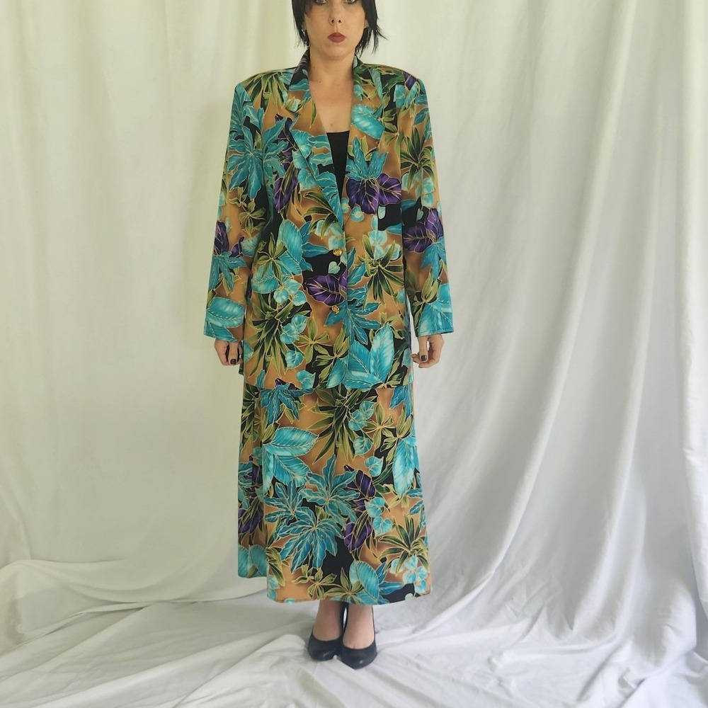 90s/00s Tan, Teal, and Purple Floral Maxi Skirt and Jacket Set